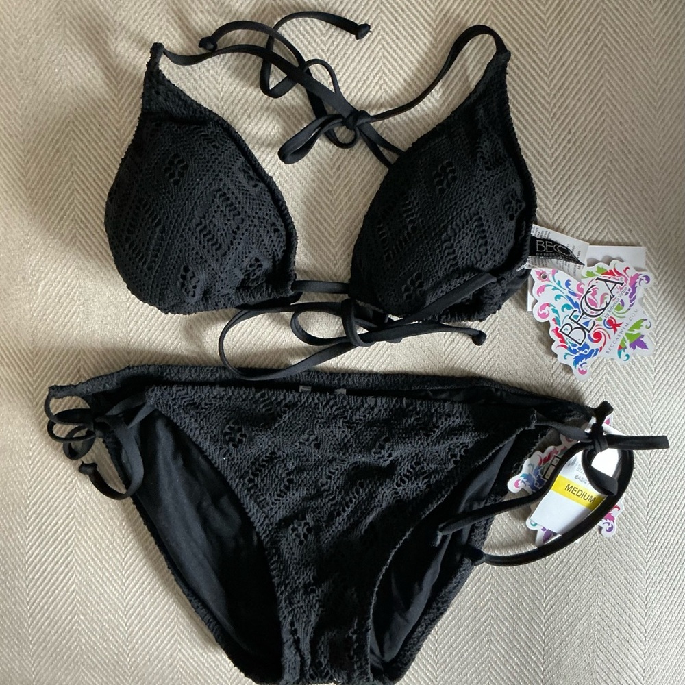 Becca Black Lace Lined Bikini Set, Removable Cups Adjustable Straps NEW w/ tags